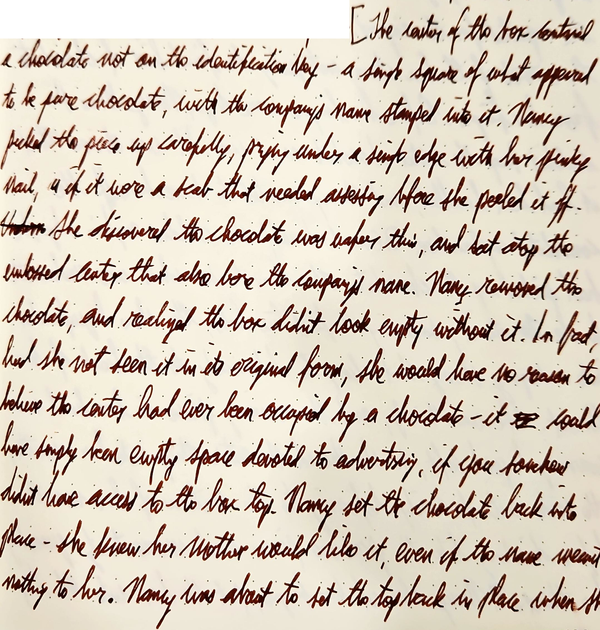 Longhand, fountain pen, day four of the story.